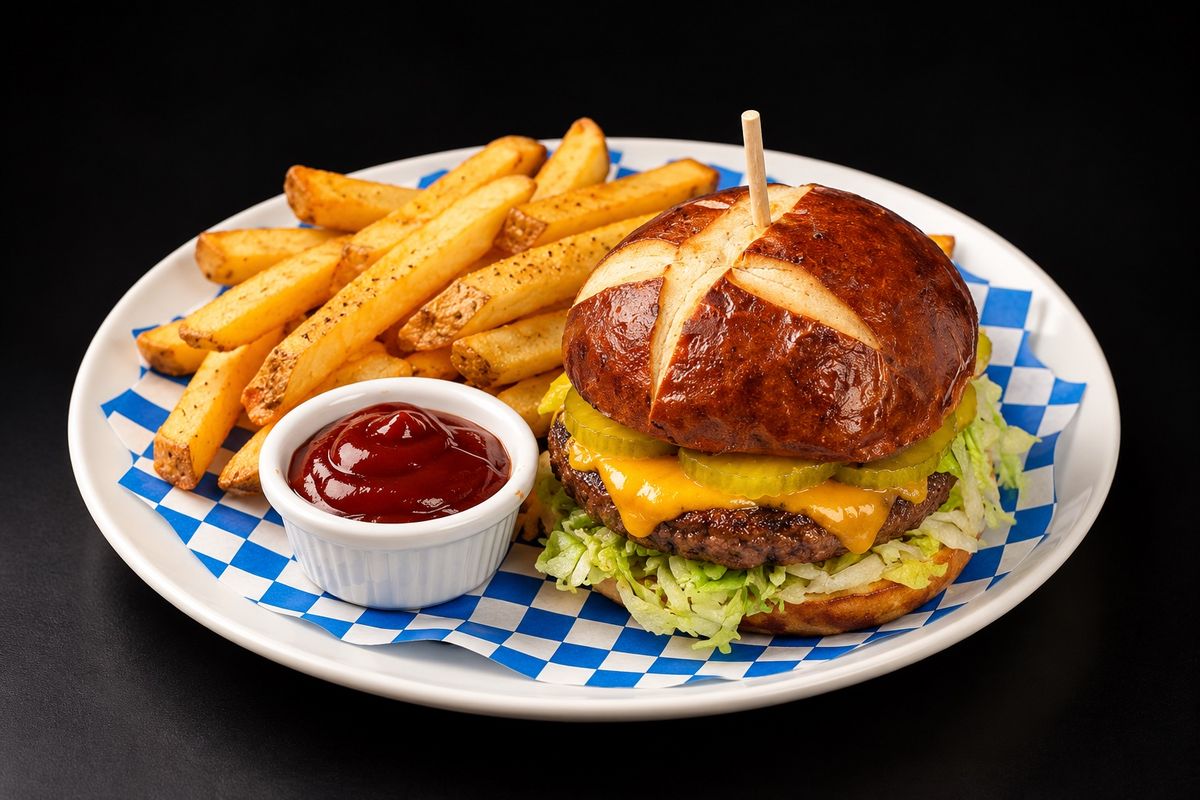 Cheeseburger on a pretzel bun with pickles, lettuce and seasoned fries