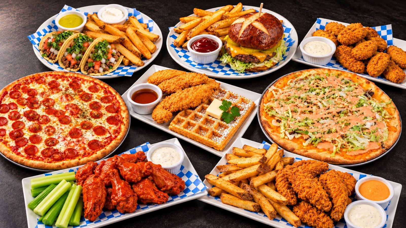 A spread from the Rick's kitchen: pepperoni pizza, burger pizza, cheeseburger, street tacos, wings and chicken tenders