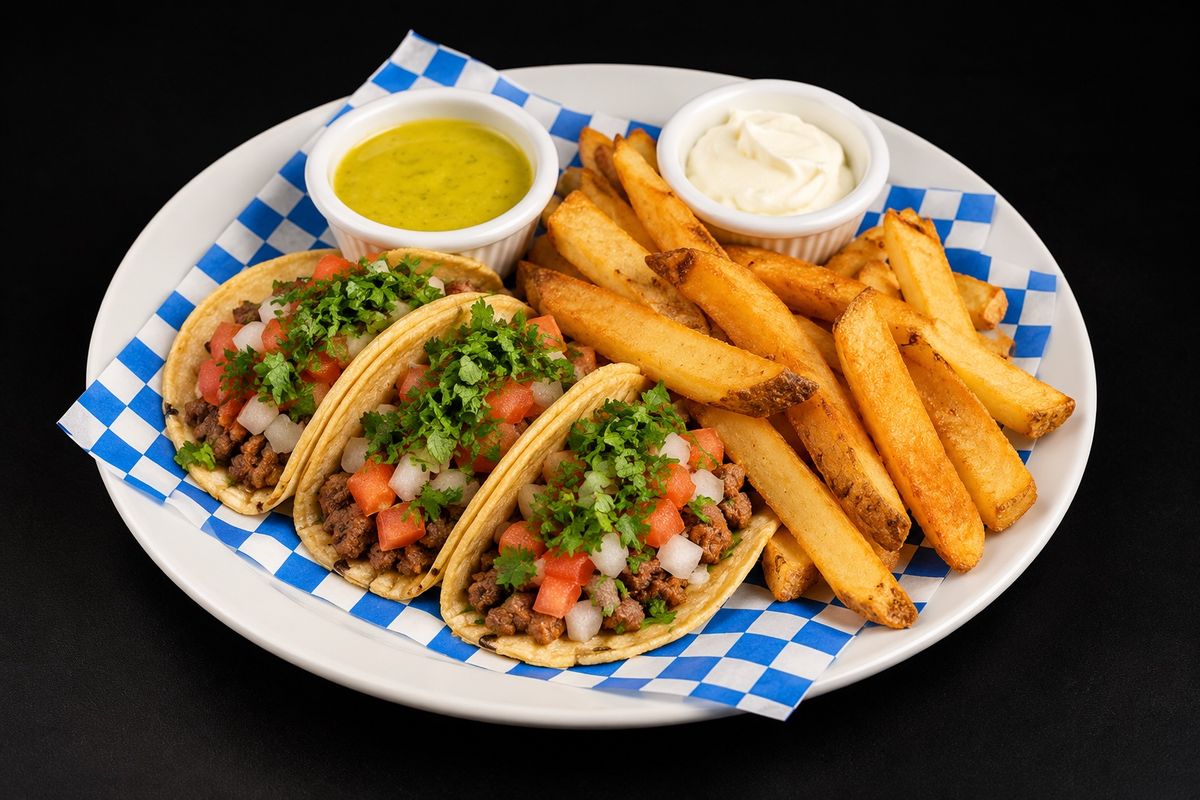 Three street tacos with pico de gallo, fries, salsa verde and sour cream
