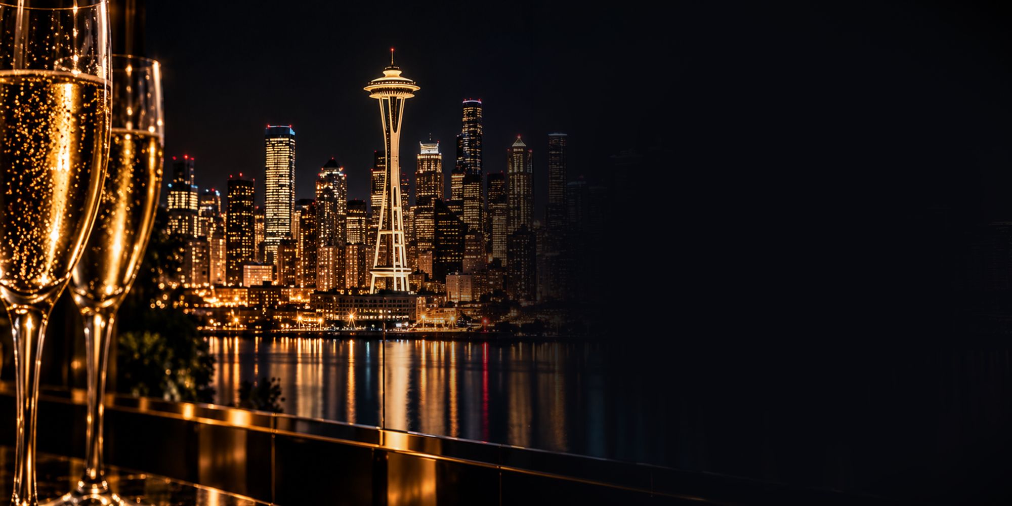 Champagne glasses in front of the Seattle skyline and Space Needle at night